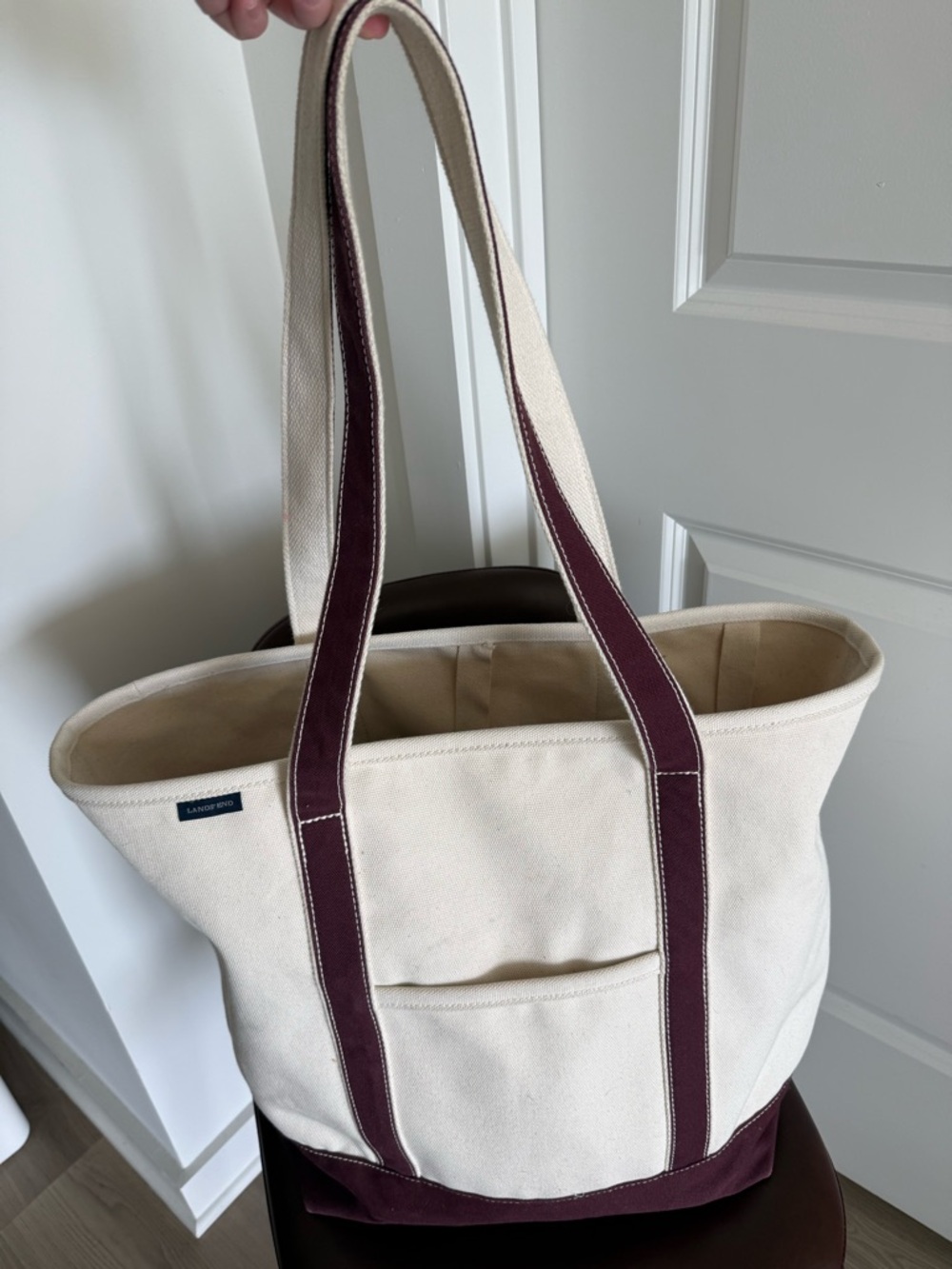 Large Lands End Canvas Tote Bag with Maroon Accents - Picture 2 of 8